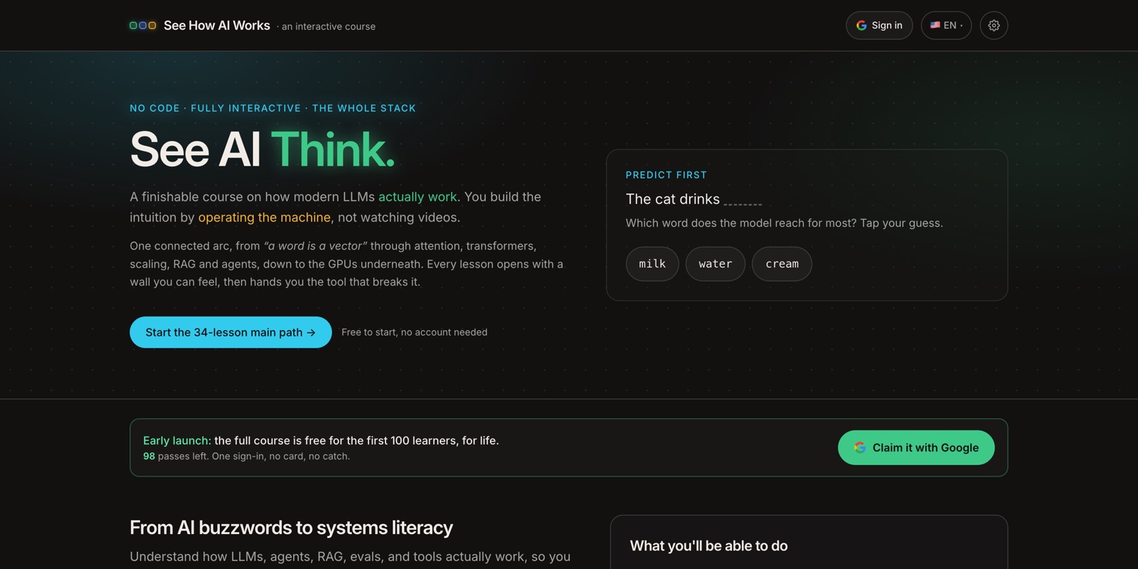 See How AI Works landing page with the "See AI Think" headline and an interactive predict-first widget