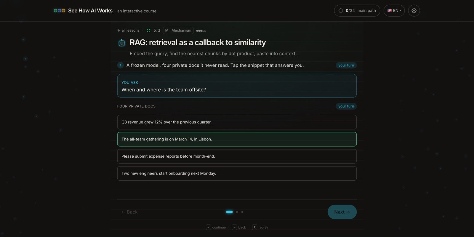 RAG lesson: a question and four private documents, with the closest-matching one highlighted and pulled into context