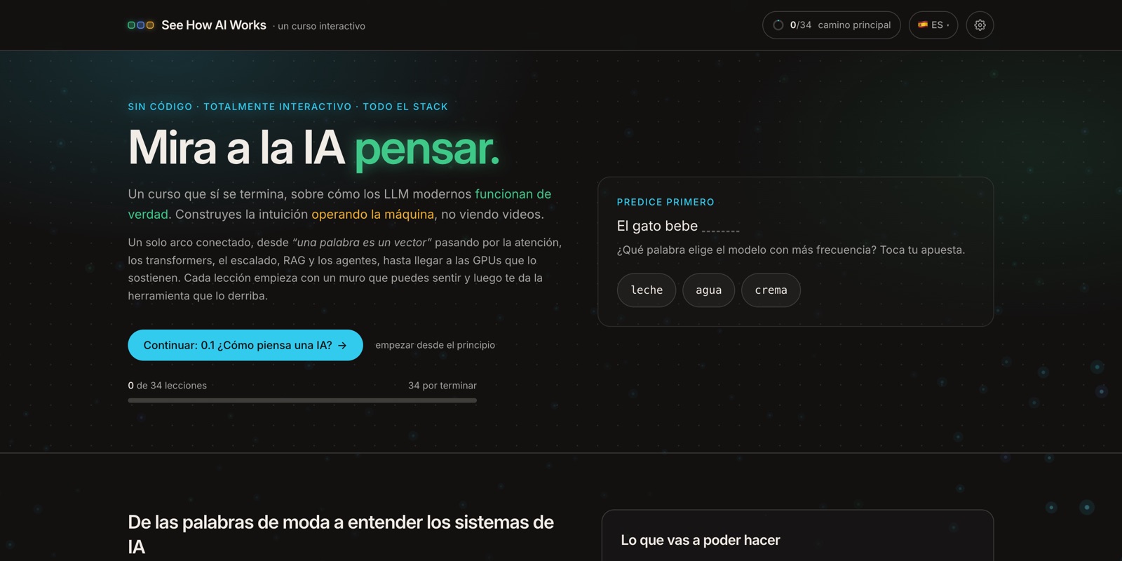 Página de See How AI Works con el título "Mira a la IA pensar" y un widget interactivo de predicción