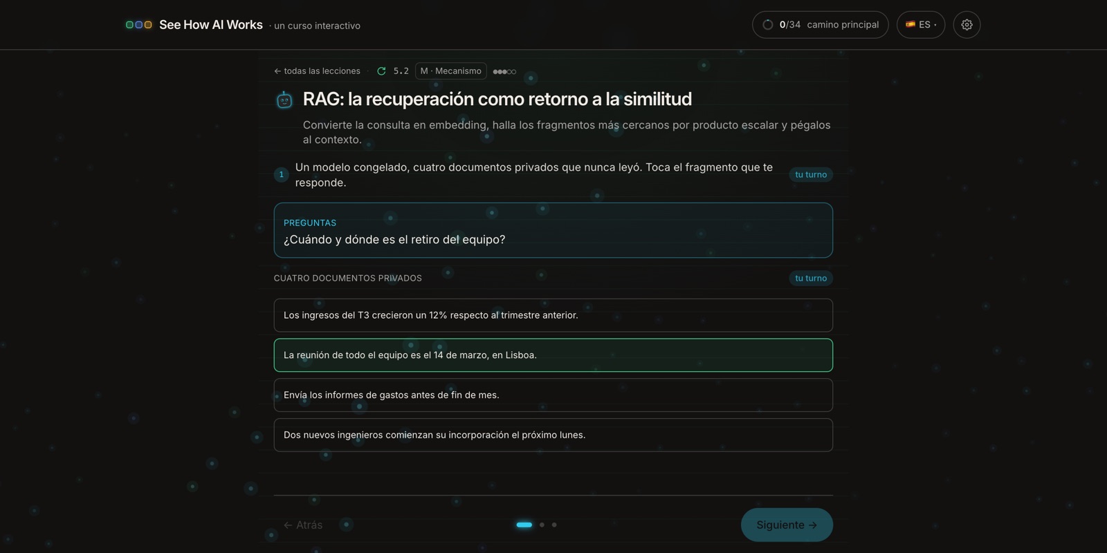 Lección de RAG: una pregunta y cuatro documentos privados, con el fragmento más parecido resaltado y llevado al contexto